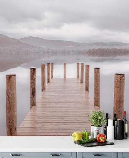 jetty in calm lake wallpaper