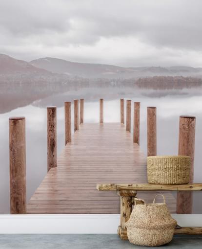 jetty in calm lake wallpaper