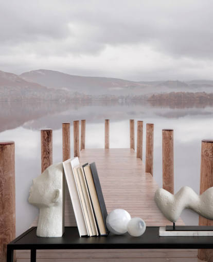 jetty in calm lake wallpaper