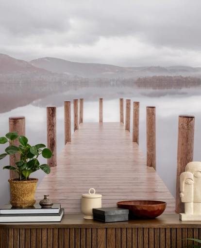 jetty in calm lake wallpaper