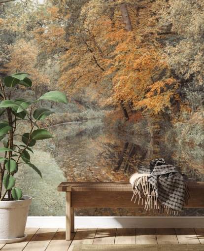 herfstbos door kanaal behang