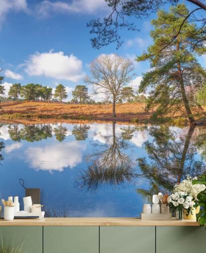 bomen reflecteren landschap behang
