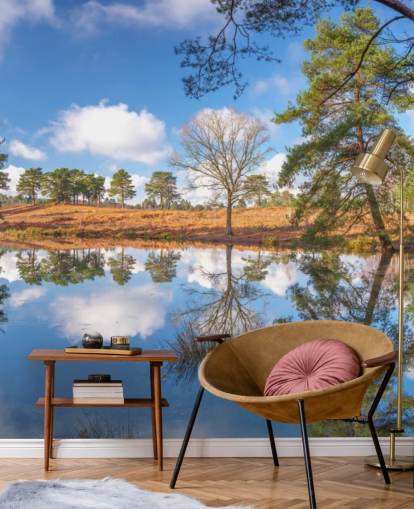 bomen reflecteren landschap behang