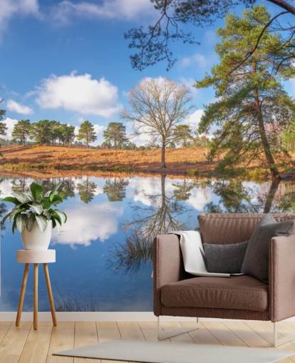 bomen reflecteren landschap behang