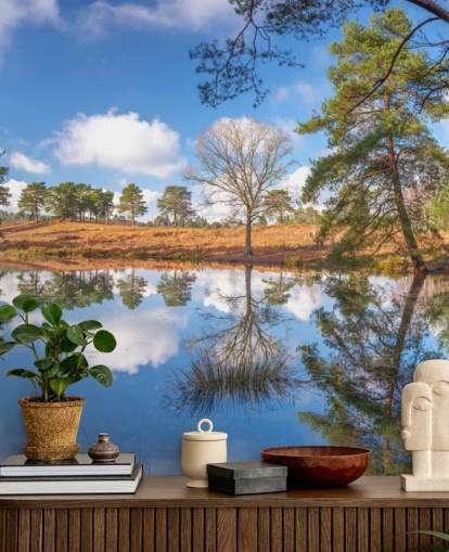 árboles que reflejan papel tapiz de paisaje