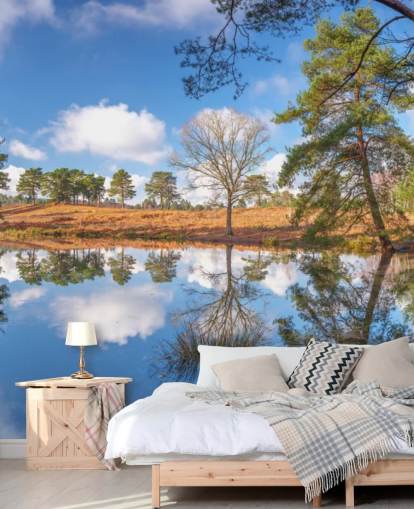 bomen reflecteren landschap behang