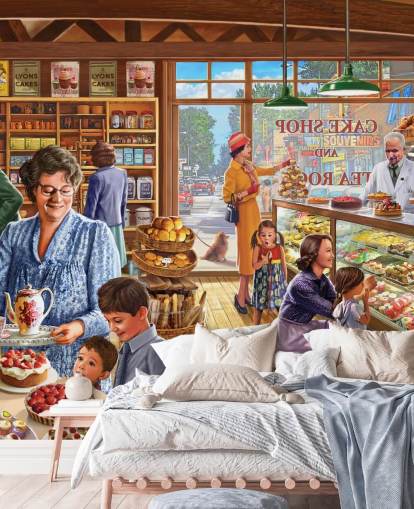 Pastelería de los años 50/60 llena de papel tapiz infantil