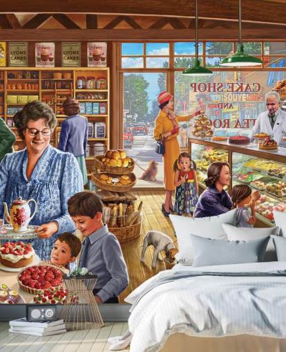 1950s/60s cake shop filled with children wallpaper