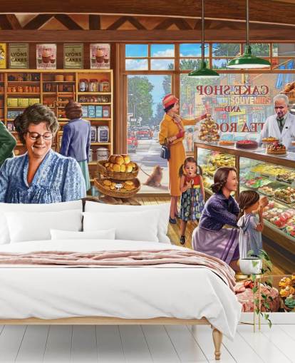 1950s/60s cake shop filled with children wallpaper