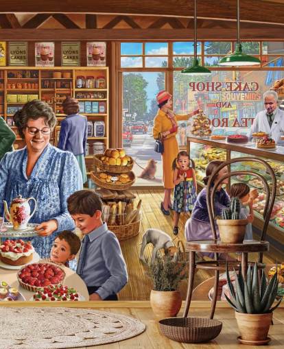 1950s/60s cake shop filled with children wallpaper