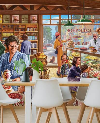 1950s/60s cake shop filled with children wallpaper