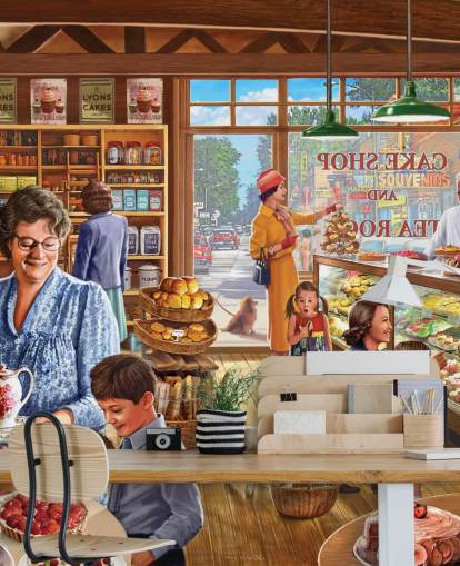 Pastelería de los años 50/60 llena de papel tapiz infantil