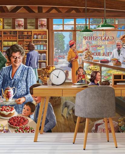 1950s/60s cake shop filled with children wallpaper