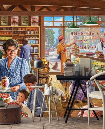 1950s/60s cake shop filled with children wallpaper