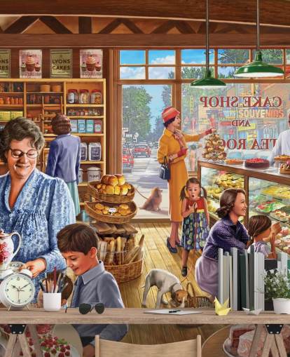 Pastelería de los años 50/60 llena de papel tapiz infantil