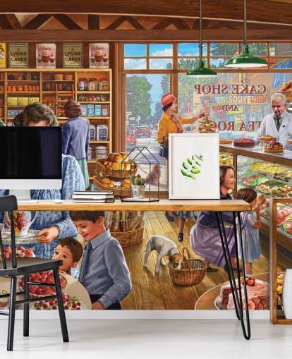 1950s/60s cake shop filled with children wallpaper
