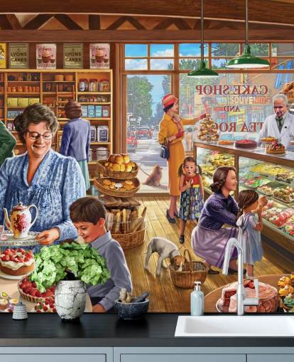 Pasticceria anni '50/'60 piena di carta da parati per bambini