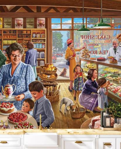 1950s/60s cake shop filled with children wallpaper