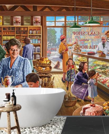 Pastelería de los años 50/60 llena de papel tapiz infantil