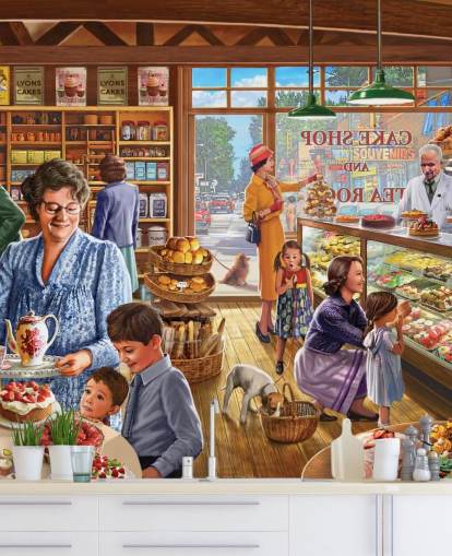 Pastelería de los años 50/60 llena de papel tapiz infantil