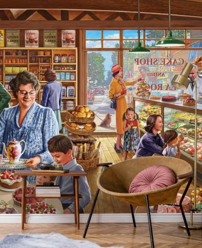 Pasticceria anni '50/'60 piena di carta da parati per bambini