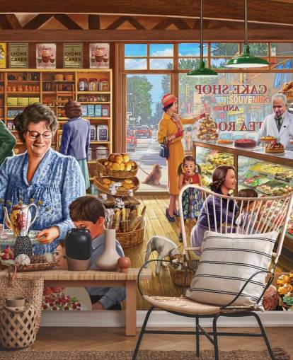 1950er/60er Jahre Konditorei gefüllt mit Kindertapeten