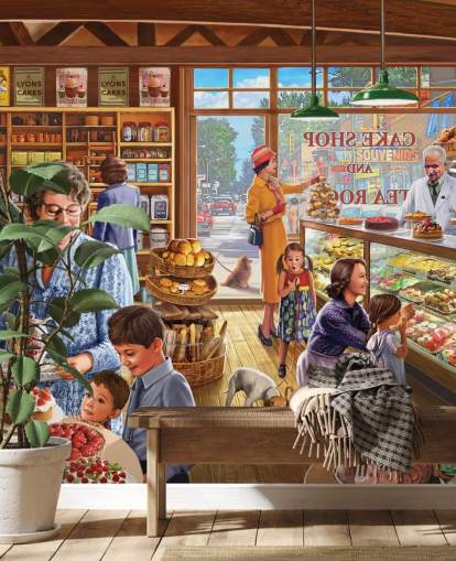 Pastelería de los años 50/60 llena de papel tapiz infantil