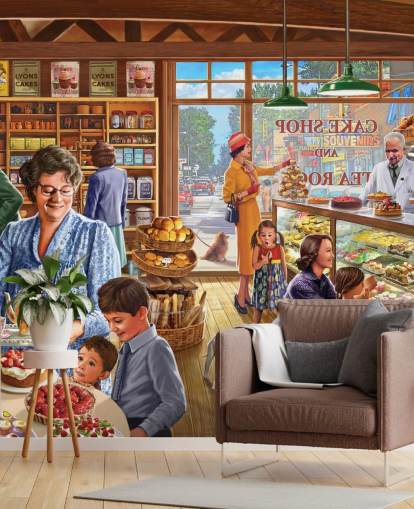 1950s/60s cake shop filled with children wallpaper