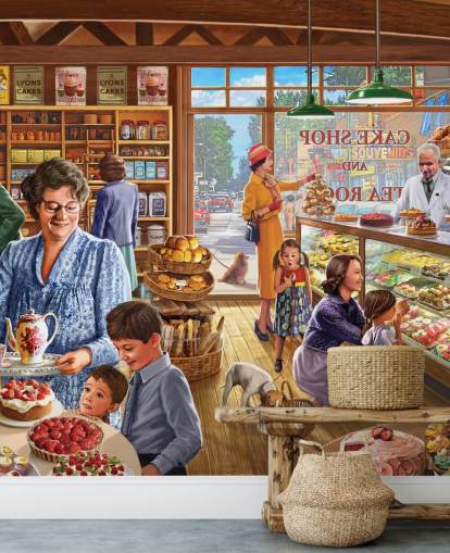 Pastelería de los años 50/60 llena de papel tapiz infantil