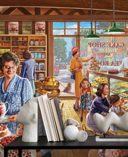 Pastelería de los años 50/60 llena de papel tapiz infantil