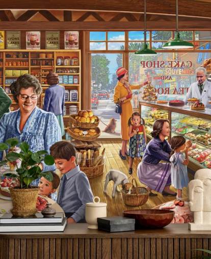 Loja de bolos dos anos 50/60 cheia de papel de parede infantil