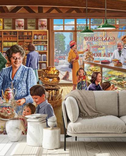 1950s/60s cake shop filled with children wallpaper