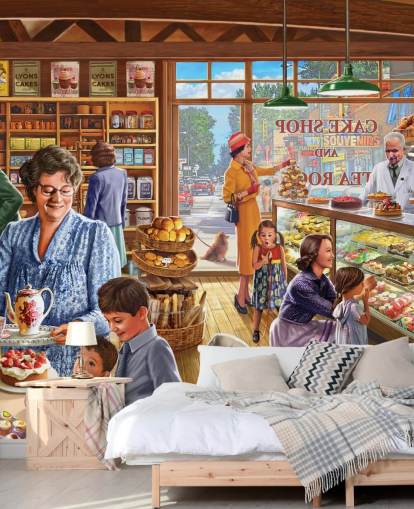 Pastelería de los años 50/60 llena de papel tapiz infantil