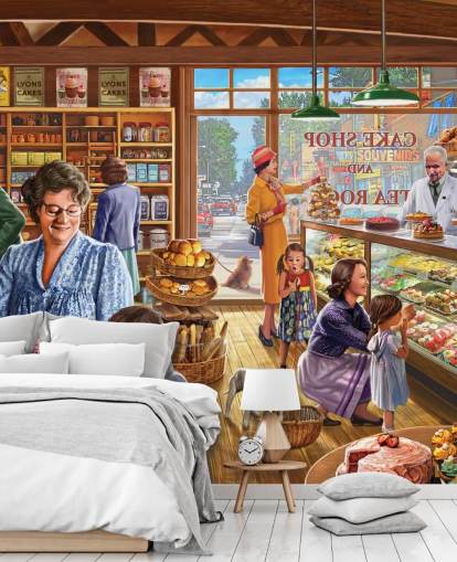 Pastelería de los años 50/60 llena de papel tapiz infantil Pastelería de los años 50/60 llena de papel tapiz infantil