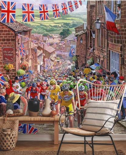 fietsers rijden door oude Engelse stad behang fietsers rijden door oude Engelse stad behang