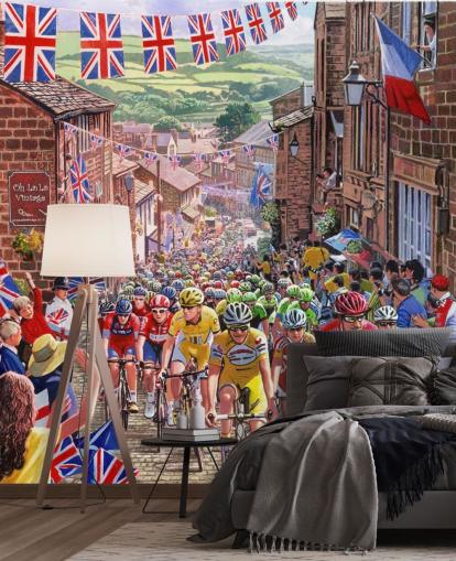 ciclistas andando pelo antigo papel de parede da cidade inglesa