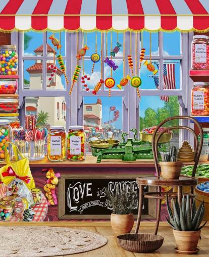 bright and colourful detailed sweet shop wallpaper