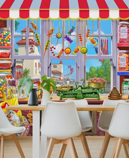 bright and colourful detailed sweet shop wallpaper