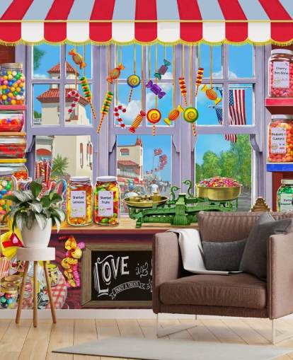 bright and colourful detailed sweet shop wallpaper