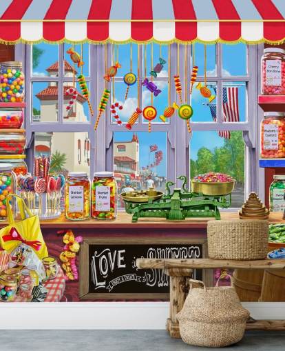 carta da parati luminosa e colorata per negozio di dolci