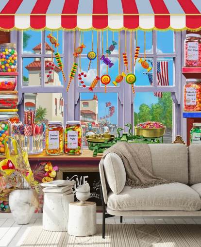 bright and colourful detailed sweet shop wallpaper