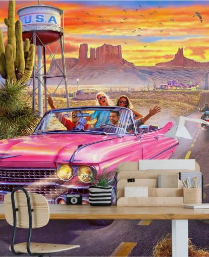 pink cabriolet bil på rute 66 tapet