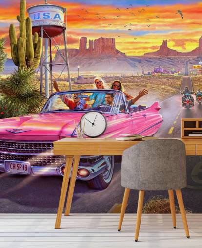 rosa cabriolet bil på väg 66 tapeter