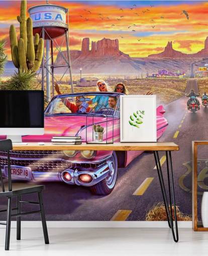 Papel pintado de coche descapotable rosa en ruta 66