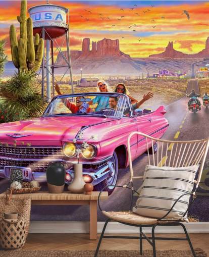 pink convertible car on route 66 wallpaper