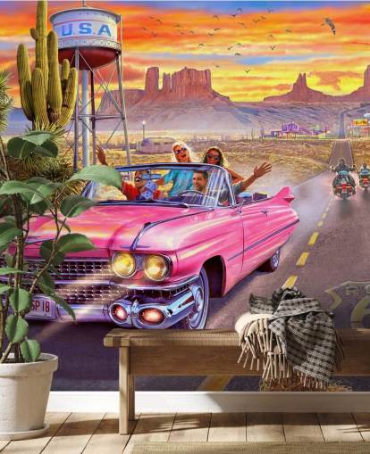 rosa Cabrio auf der Route 66 Hintergrundbild