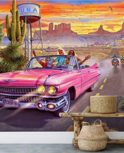 pink convertible car on route 66 wallpaper