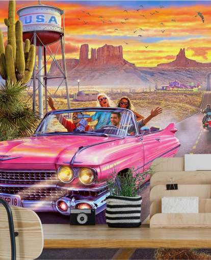 rosa Cabrio auf der Route 66 Hintergrundbild