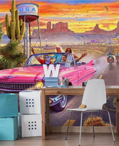 roze cabriolet op route 66 behang