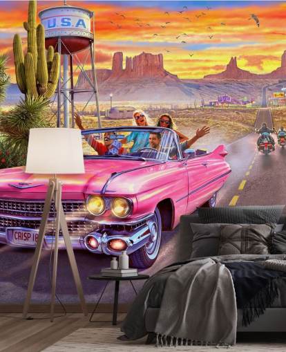 roze cabriolet op route 66 behang roze cabriolet op route 66 behang